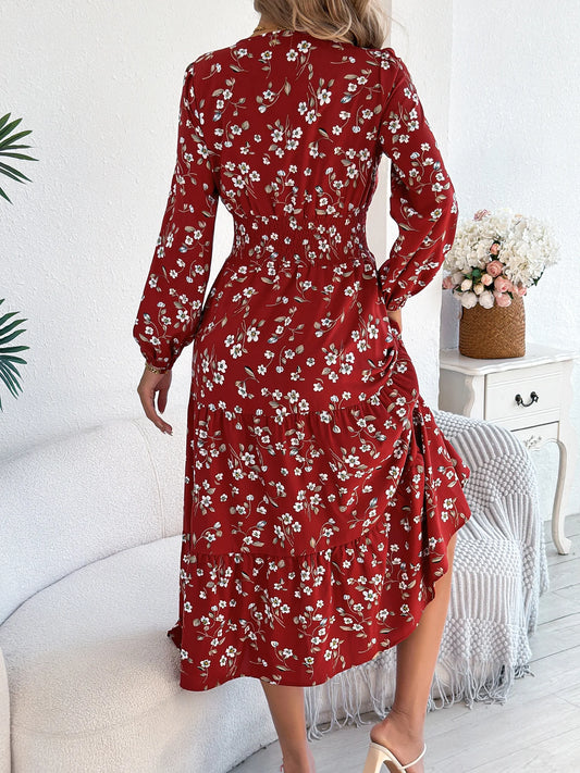 WEOR | Floral V-Neck Midi Dress with Long Sleeves